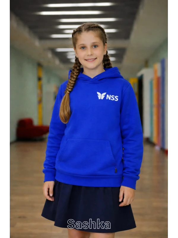 Худі для дівчинки кольору синій електрик з логотипом школи NSS, розмір 116-164